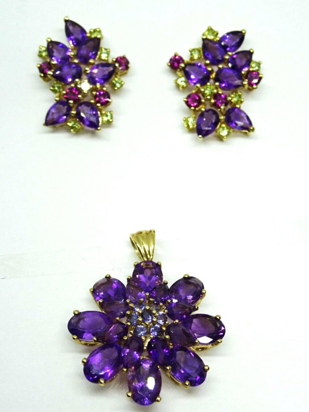 Amethyst Tourmaline Peridot Iolite Earrings & Pendant Set 10k Gold